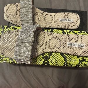 Cape Robbin Neon Yellow Snake Print Slide Sandals with Rhinestone Strap